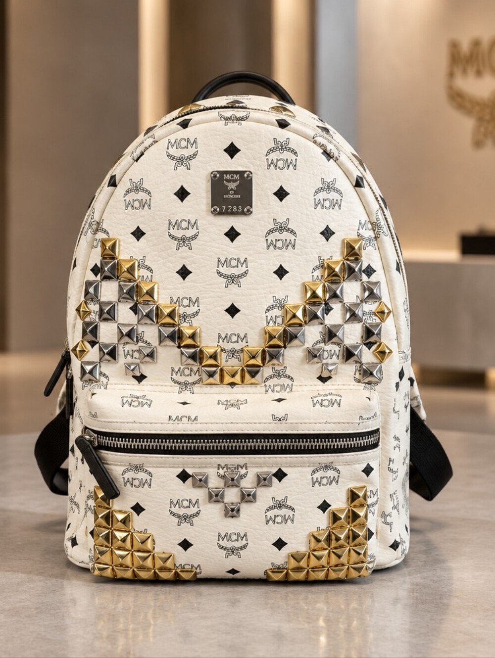 MCM White Logo Backpack with Gold & Silver Pyramid Studs Huge Bag Like New